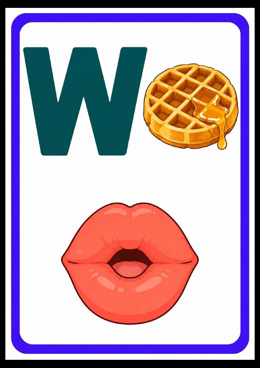 Alfabeto das boquinhas letra W com waffle dourado e boca arredondada